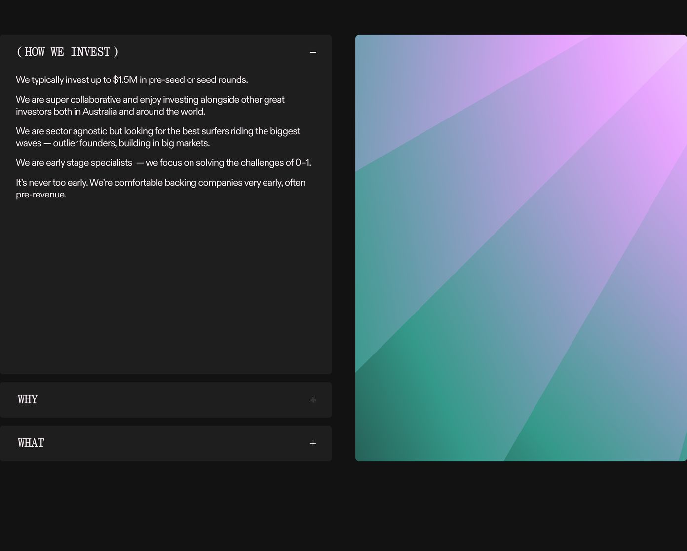Minimalist dark accordion layout paired with an ethereal, faceted pastel gradient panel.