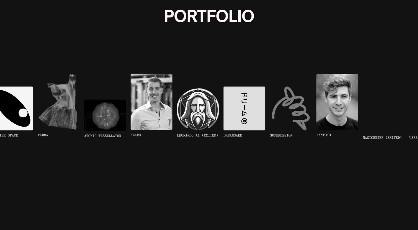 A stark, minimalist monochrome portfolio index featuring a centered bold header above an eclectic horizontal parade of square icons and portraits.