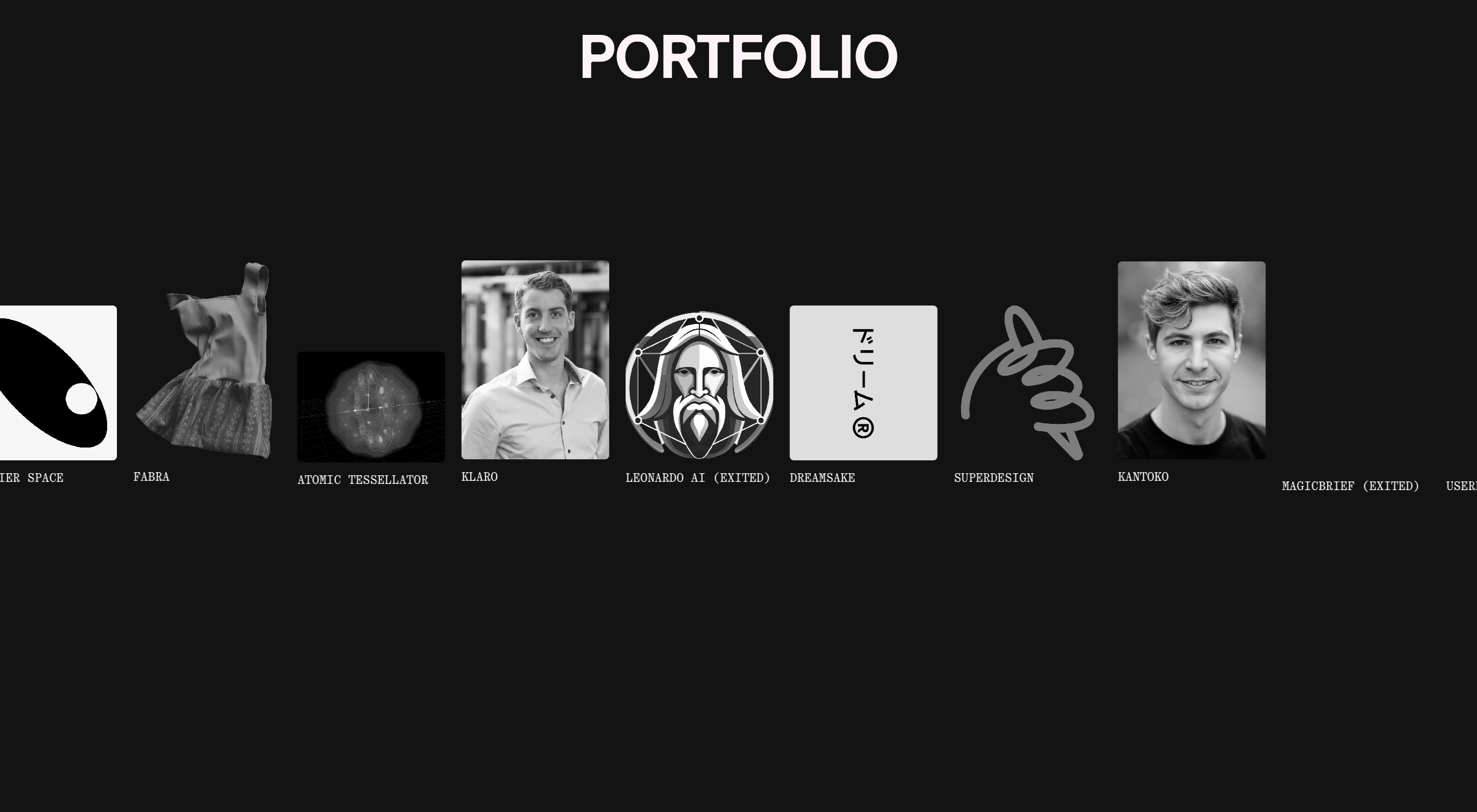 A stark, minimalist monochrome portfolio index featuring a centered bold header above an eclectic horizontal parade of square icons and portraits.