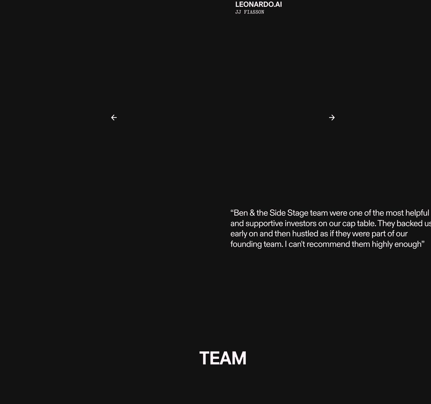 Sparse and mysterious dark testimonial slide with high-contrast typography floating amidst expansive black negative space.