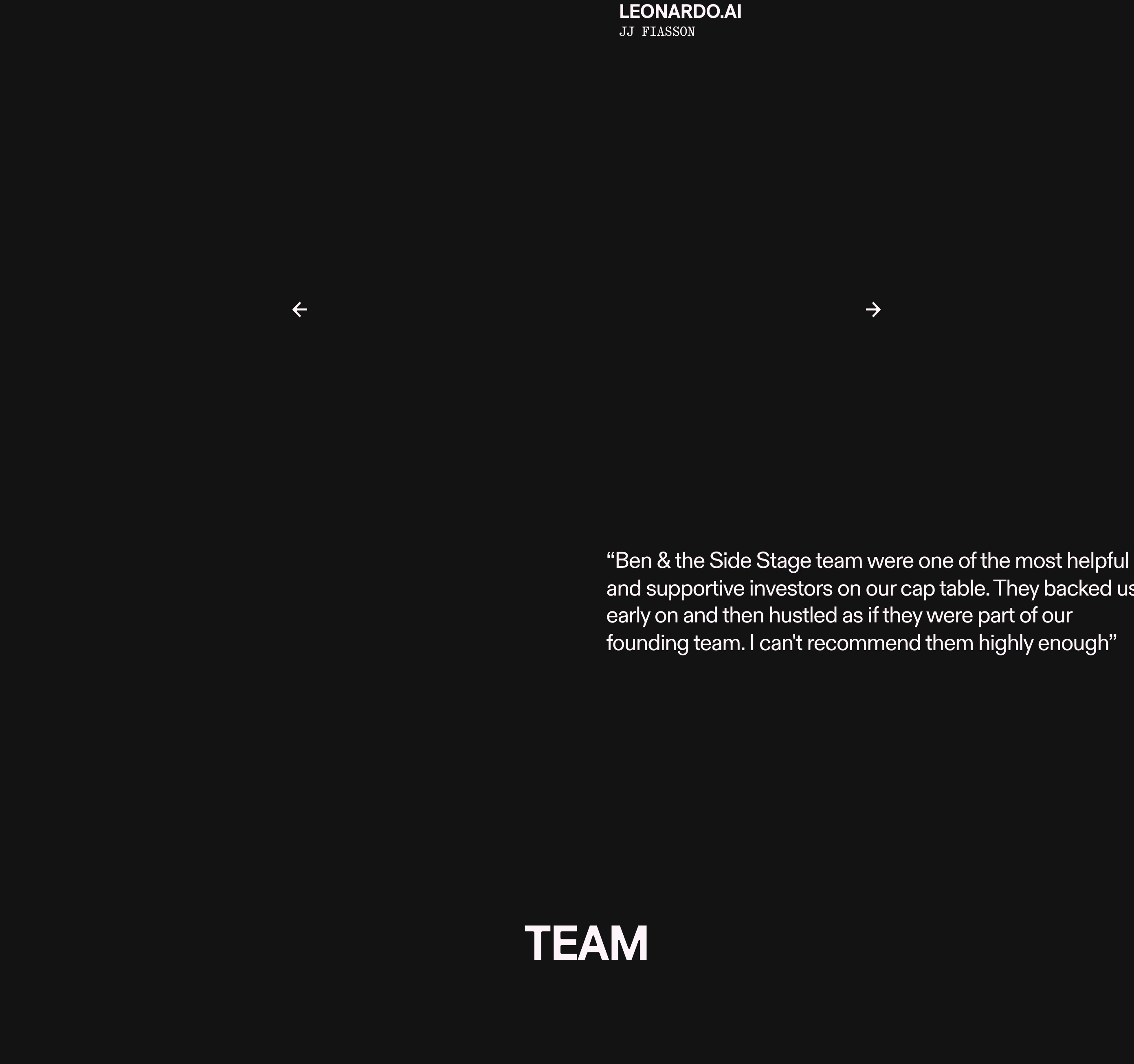 Sparse and mysterious dark testimonial slide with high-contrast typography floating amidst expansive black negative space.