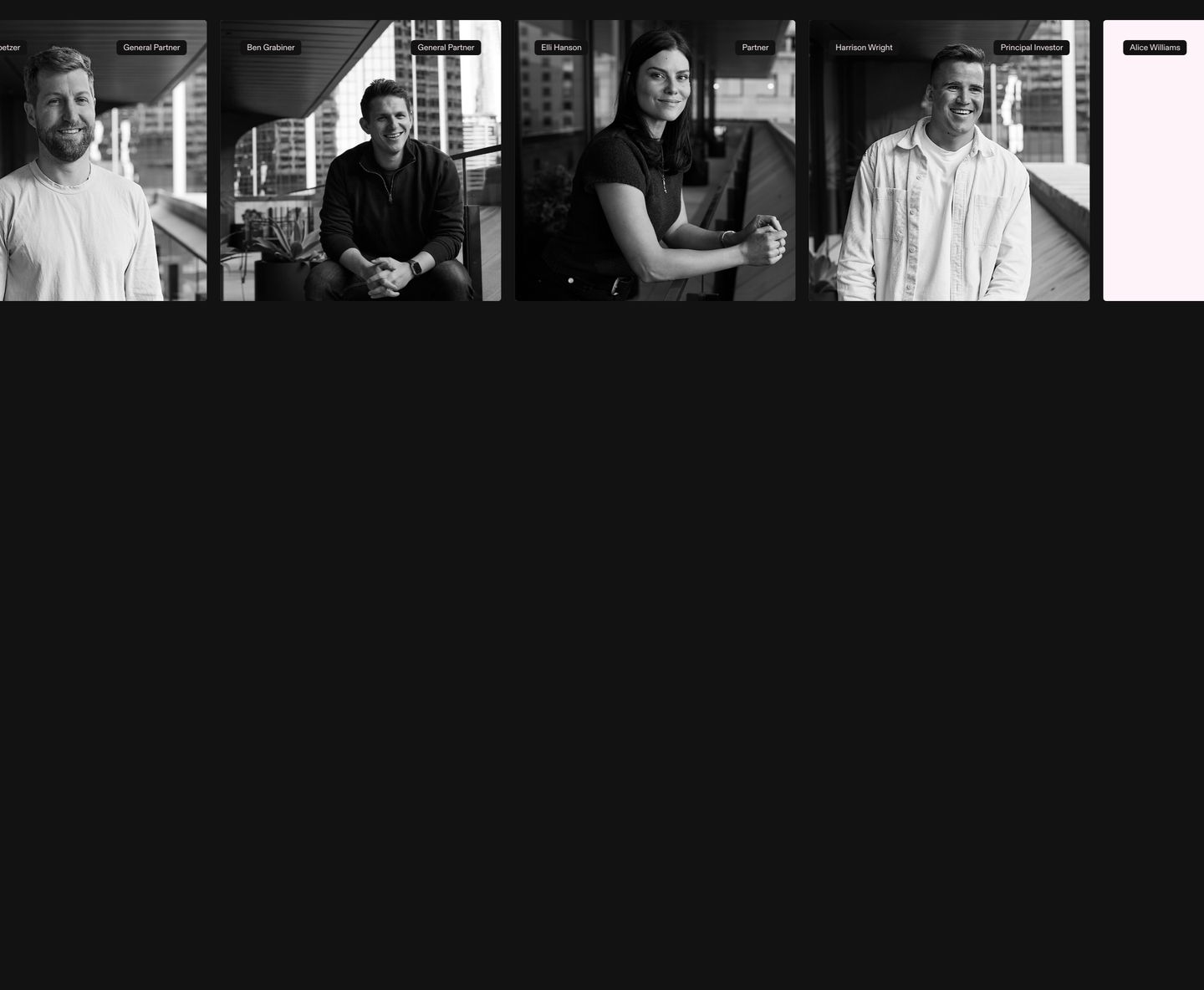 A crisp horizontal row of black-and-white executive portraits tagged with subtle translucent pills over a deep dark field.