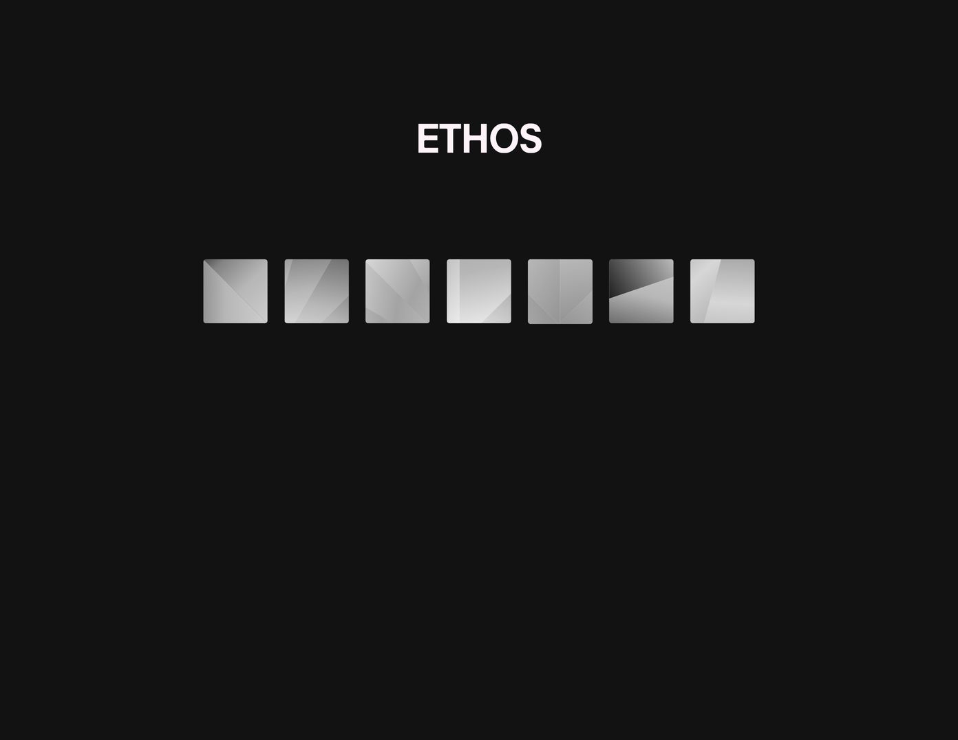 A stark, minimalist gallery section featuring an uppercase title above a rhythmic row of subtle metallic gradient tiles on pure black.