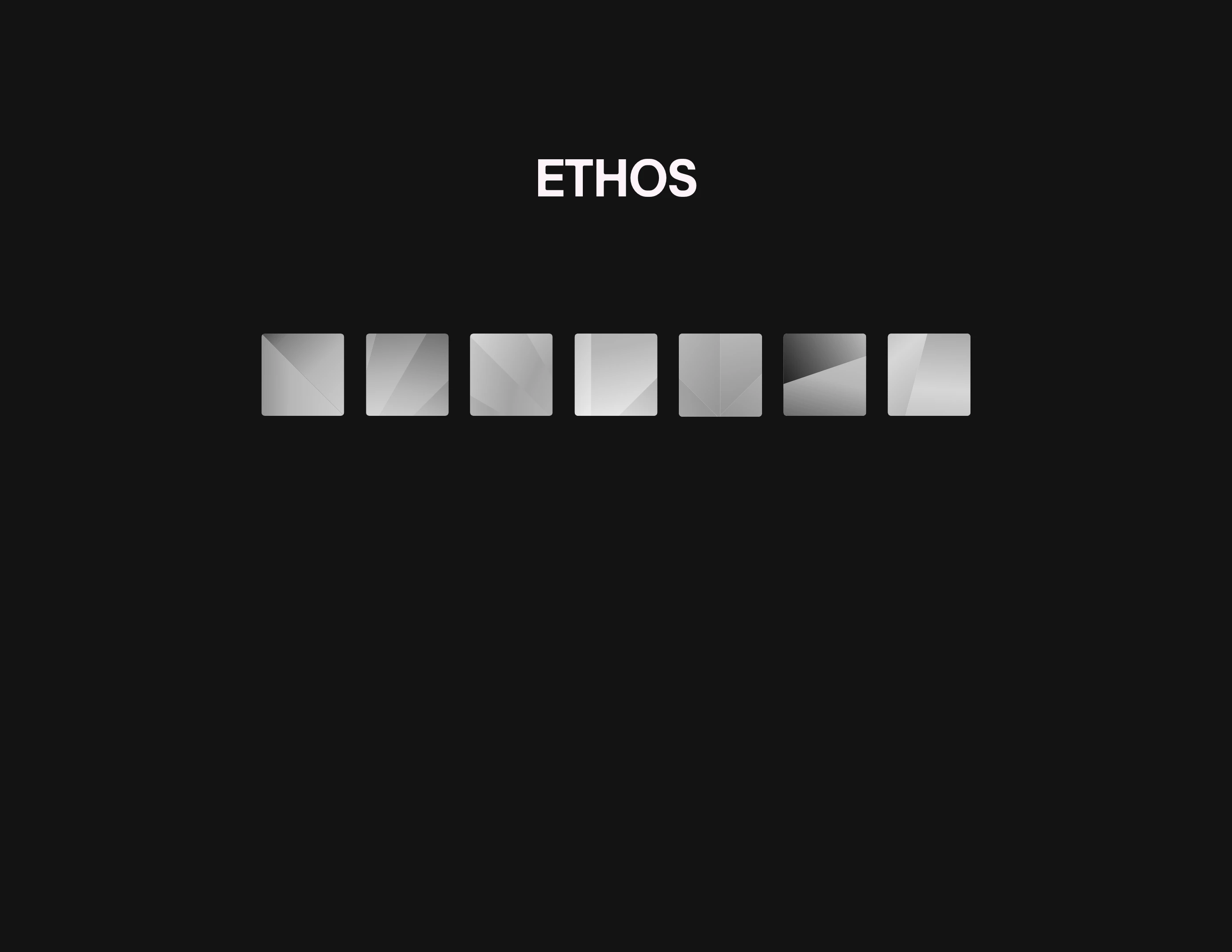 A stark, minimalist gallery section featuring an uppercase title above a rhythmic row of subtle metallic gradient tiles on pure black.