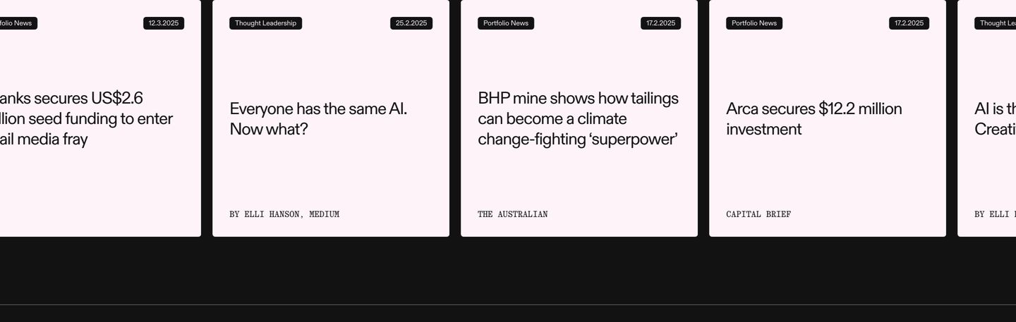 Structured carousel of pale editorial news cards with dark pill metadata tags and monospaced bylines.