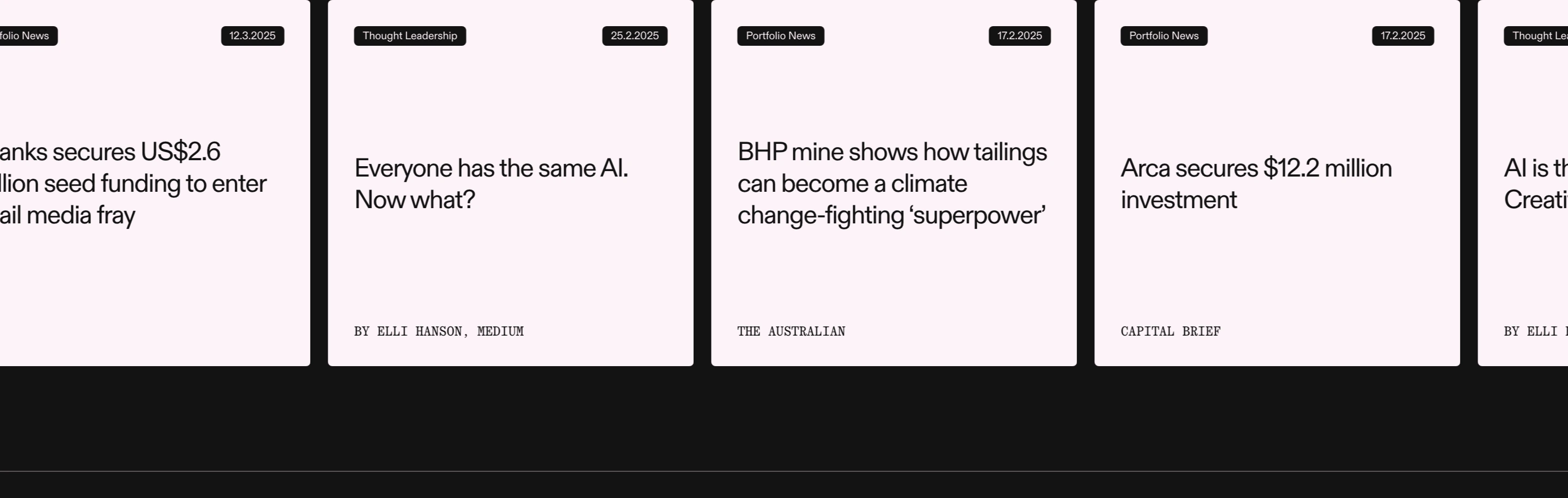 Structured carousel of pale editorial news cards with dark pill metadata tags and monospaced bylines.