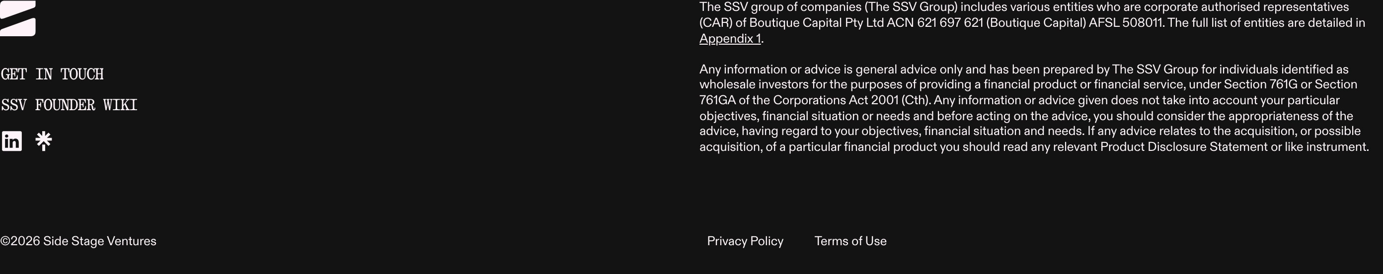 Stark black footer balancing raw monospaced navigation links against a dense, utilitarian block of legal disclosures.