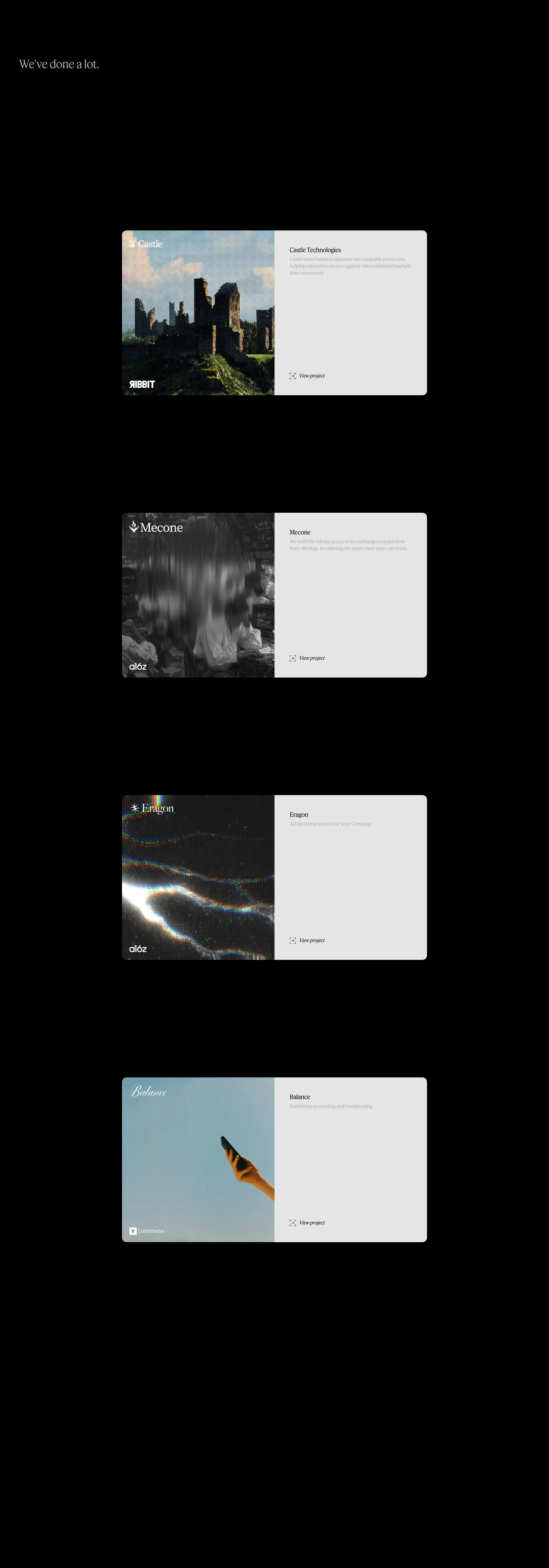 A stark, expansive dark portfolio showcase with generous black space surrounding modular dual-toned project cards.