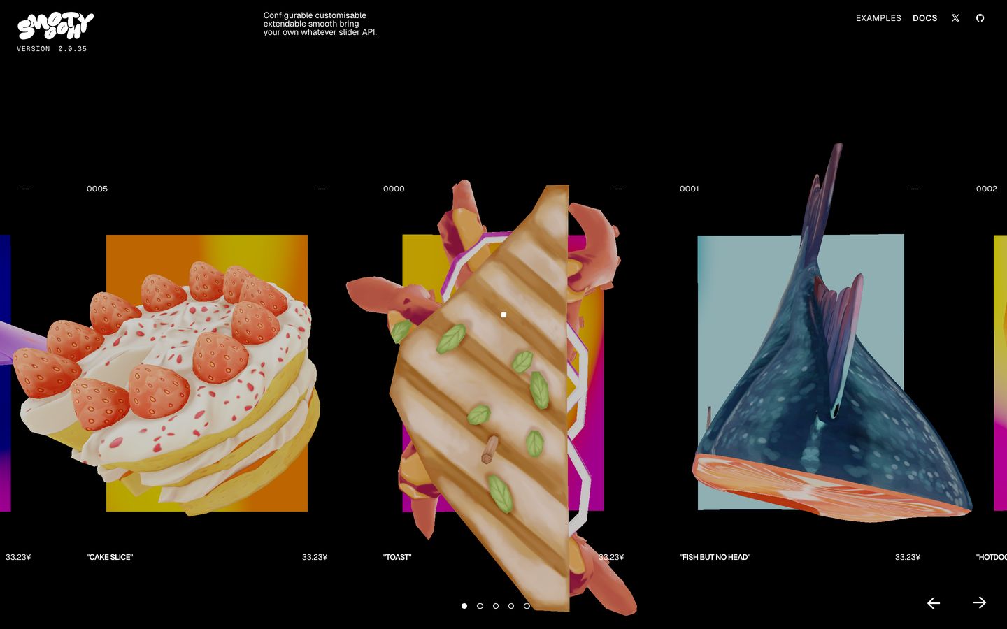 Surreal and playful interactive 3D carousel showcasing whimsical floating food items against a sleek dark backdrop.