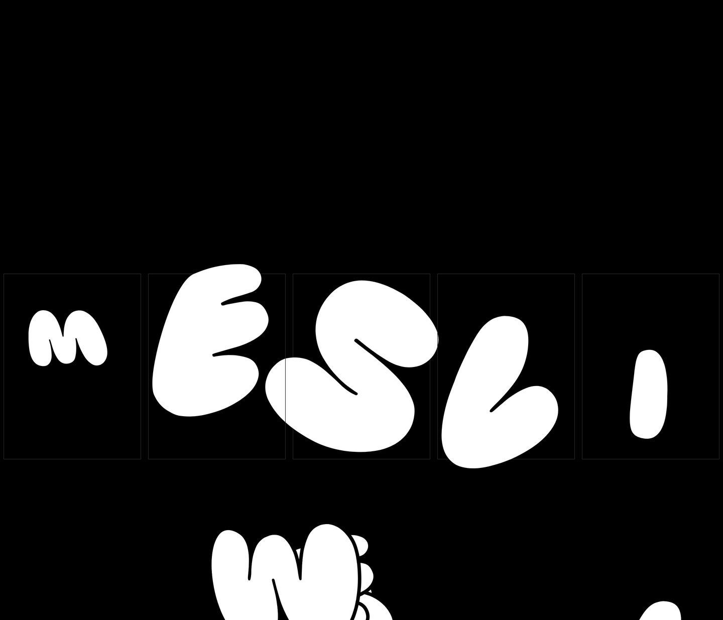 Bold, stark monochrome canvas filled with oversized, inflatable bubble letters constrained inside geometric wireframes.
