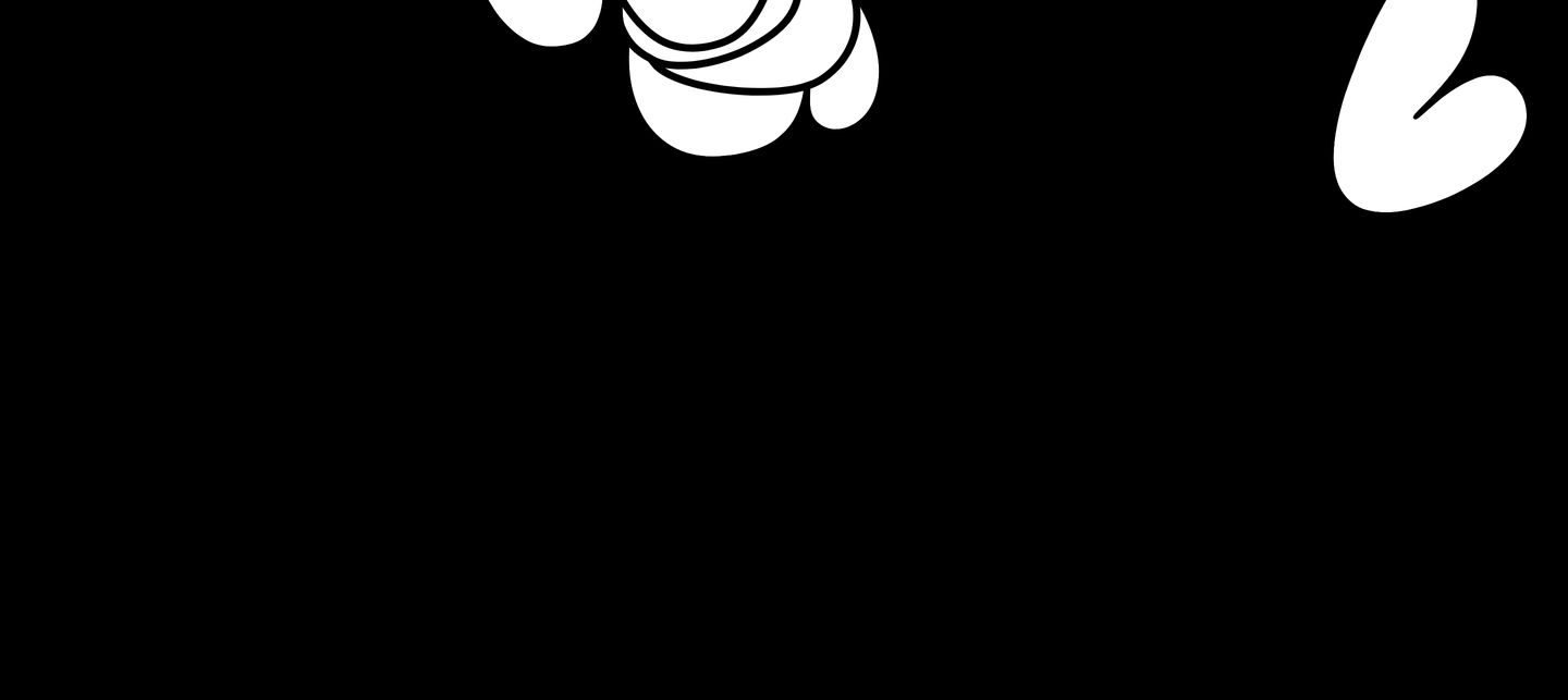 A stark black void framed by bold, rounded white cartoon illustrations drifting in from the perimeter.