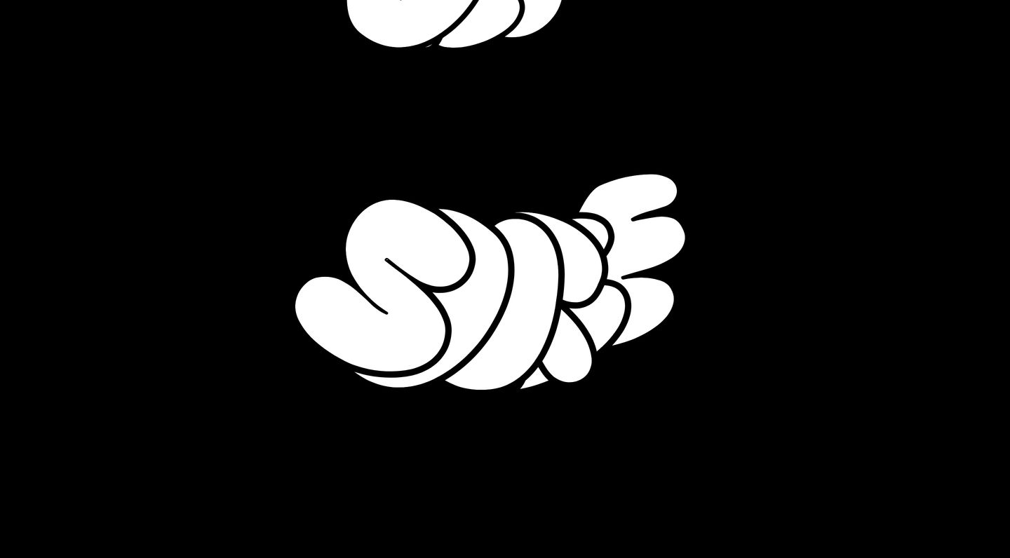 Bold, playful monochrome graffiti bubble lettering floats against stark black negative space.