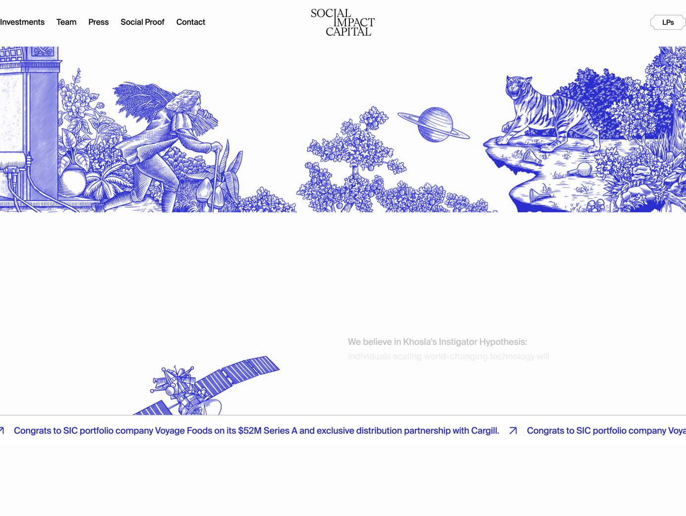 Airy editorial hero featuring panoramic monochromatic blue etching illustrations and a ticker ribbon.