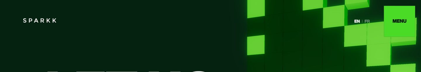 A sleek, tech-forward dark navigation bar accented by luminous neon green geometric cubes and a punchy square menu button.