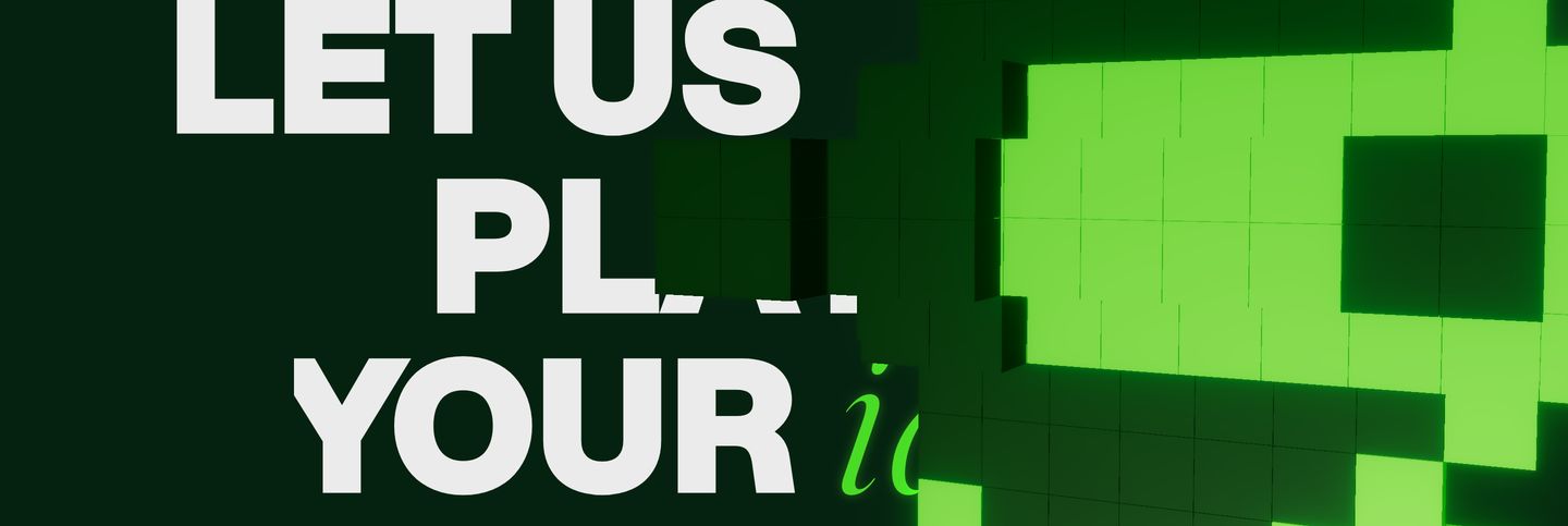 Voxelated neon green blocks intersect with massive uppercase typography in a playful, game-inspired dark layout.