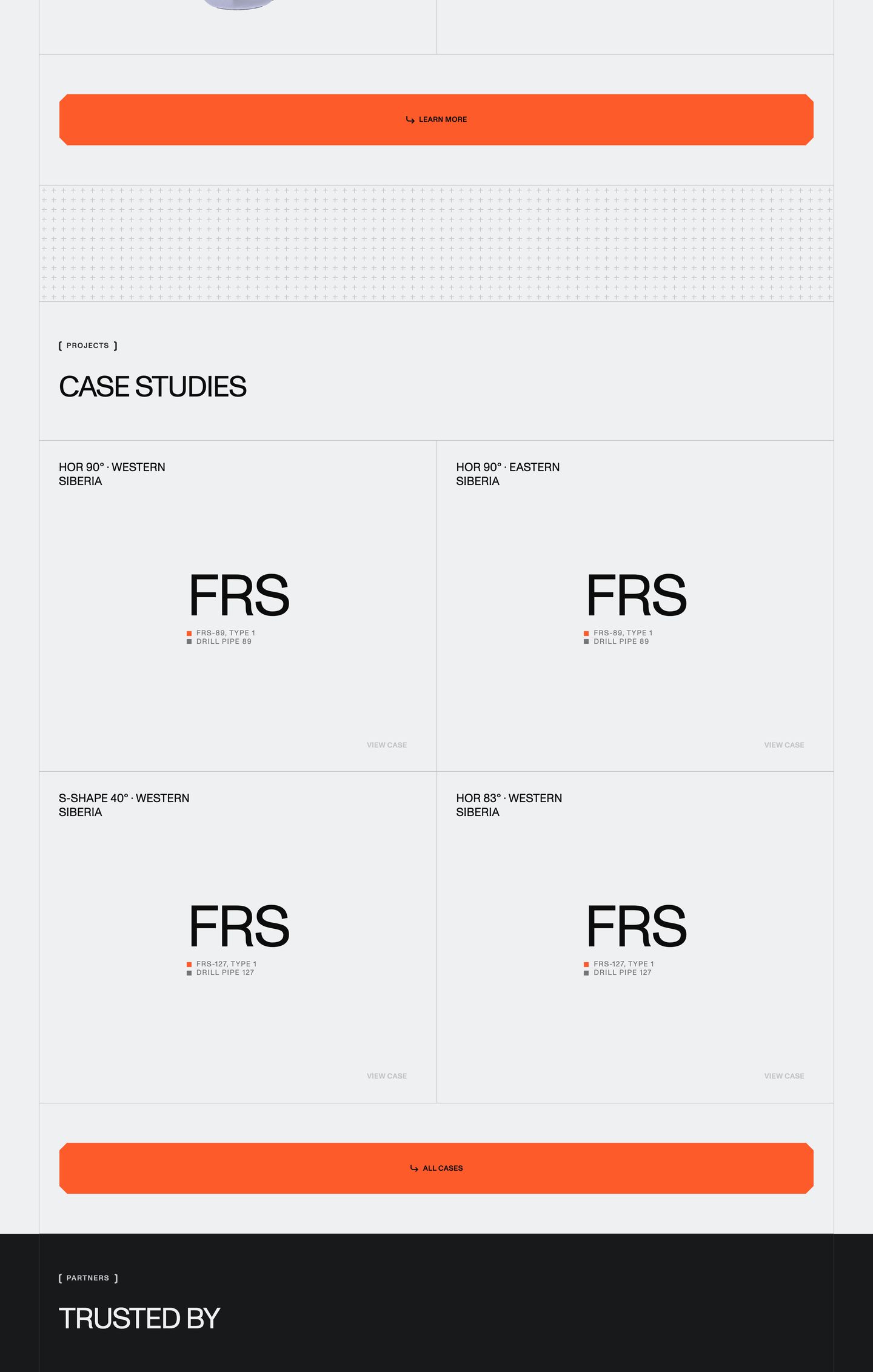 Stark, precision-engineered case study grid with minimalist typography, fine structural line work, and high-impact orange callout buttons.