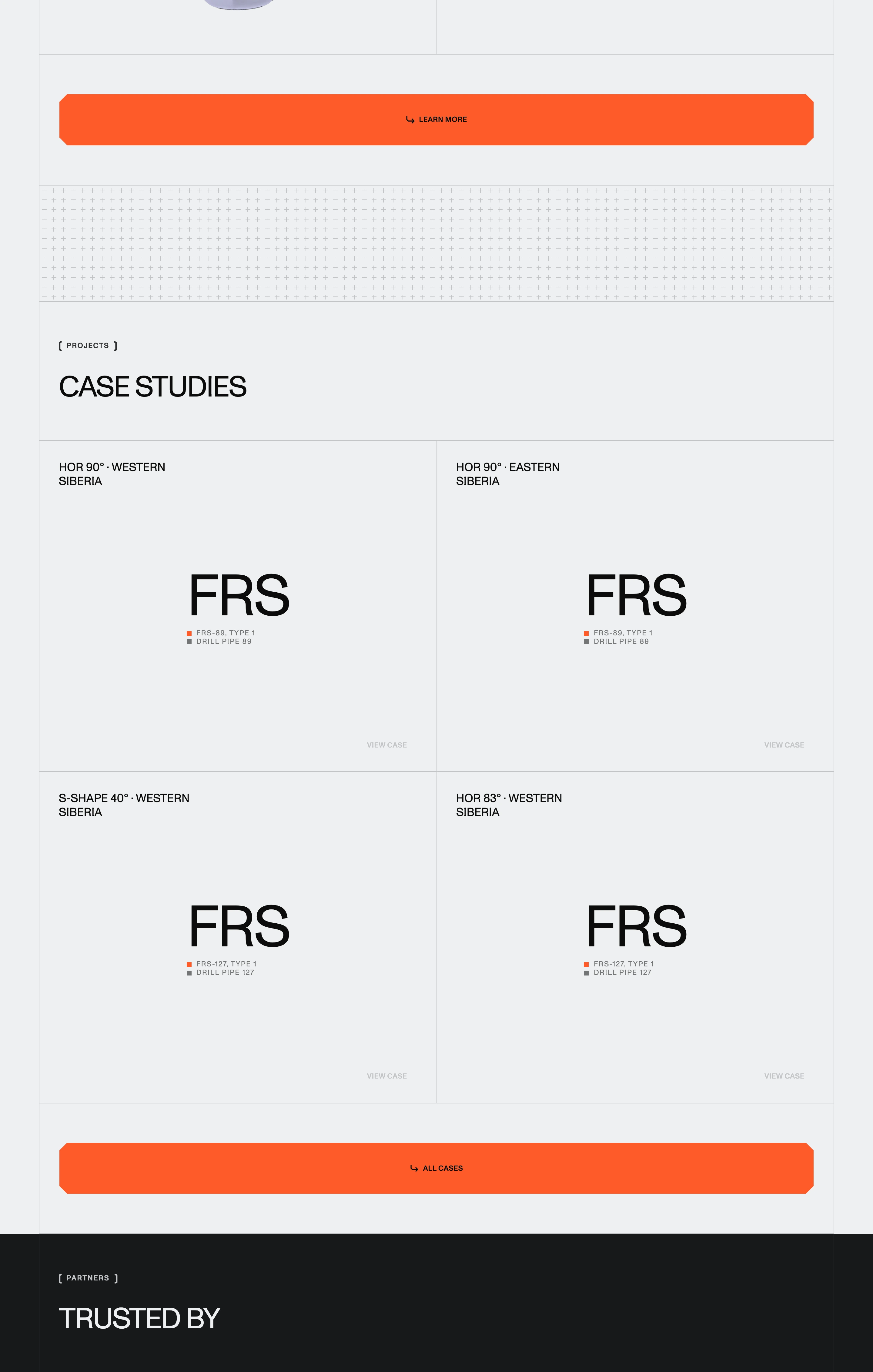 Stark, precision-engineered case study grid with minimalist typography, fine structural line work, and high-impact orange callout buttons.