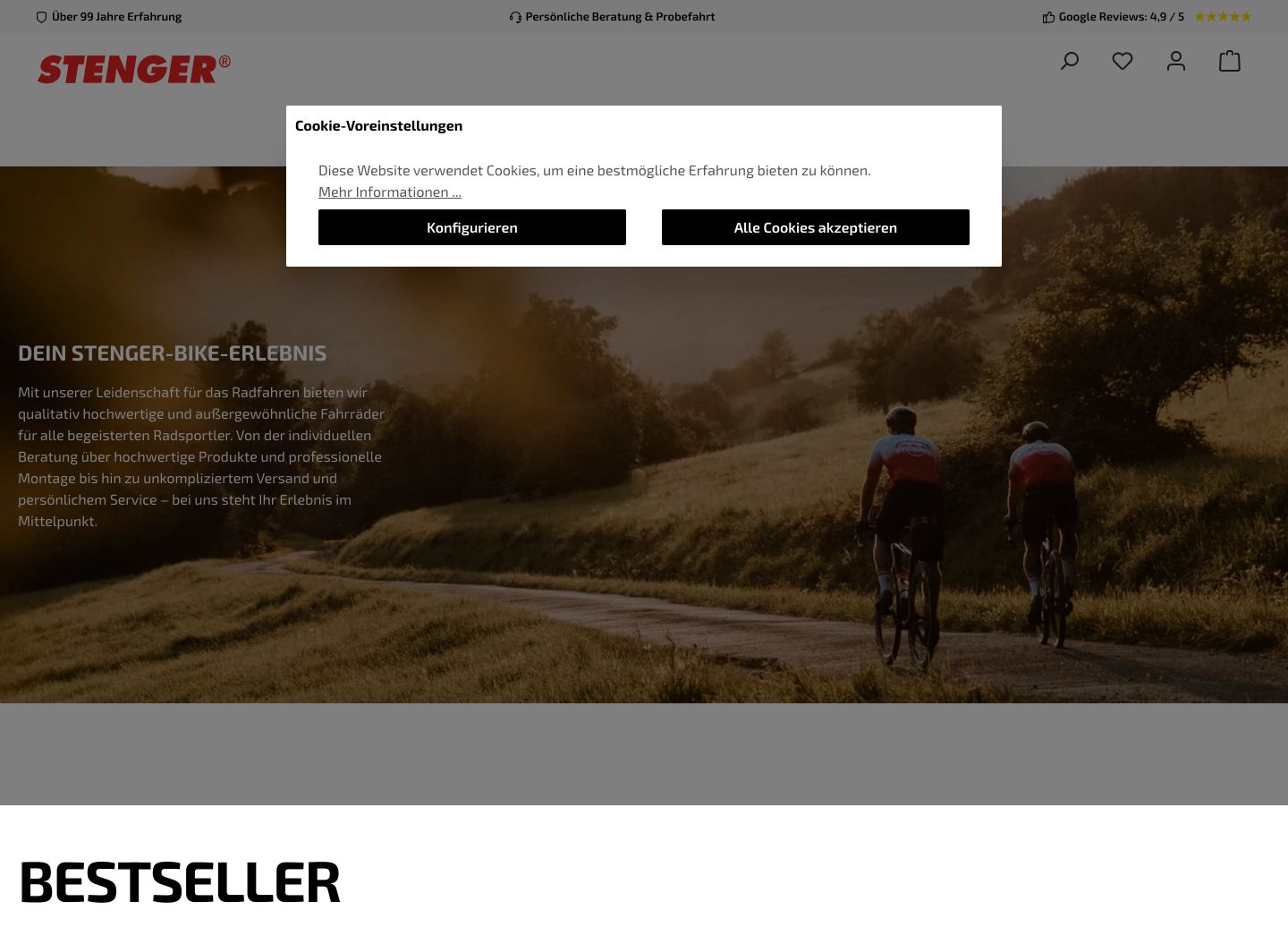 A conventional cycling retail storefront interrupted by an invasive cookie consent modal obscuring the lifestyle hero photography.