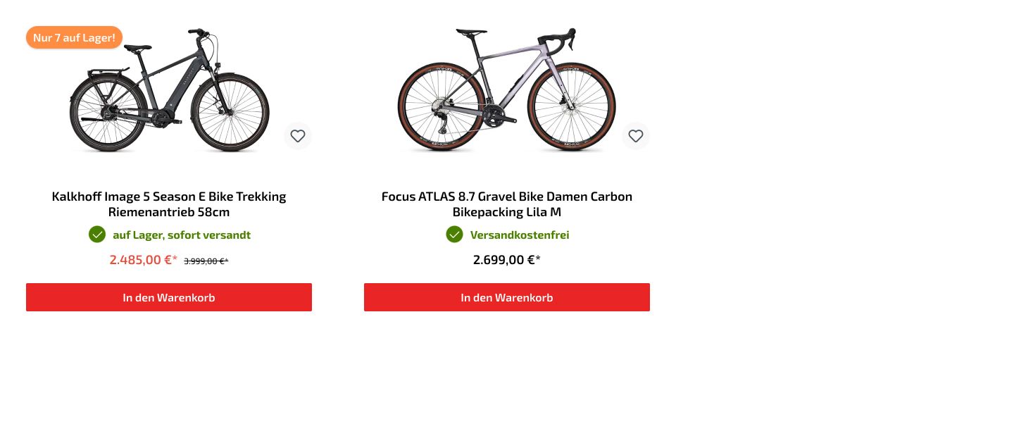 Functional e-commerce product cards displaying bicycles on a clean white background with bold red purchase buttons.