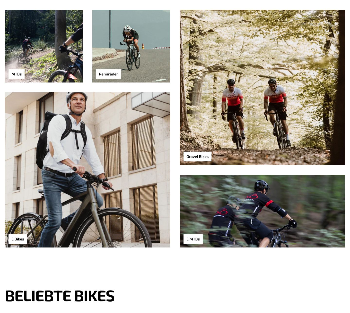 An energetic photo mosaic showcasing cycling disciplines with crisp floating label tags over dynamic lifestyle action shots.