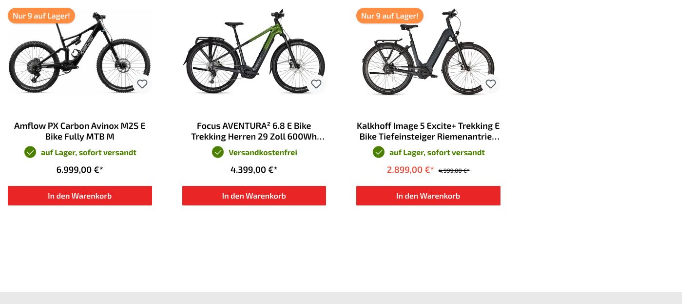 A functional e-commerce product grid displaying electric bikes with high-contrast red add-to-cart buttons and stock status badges.