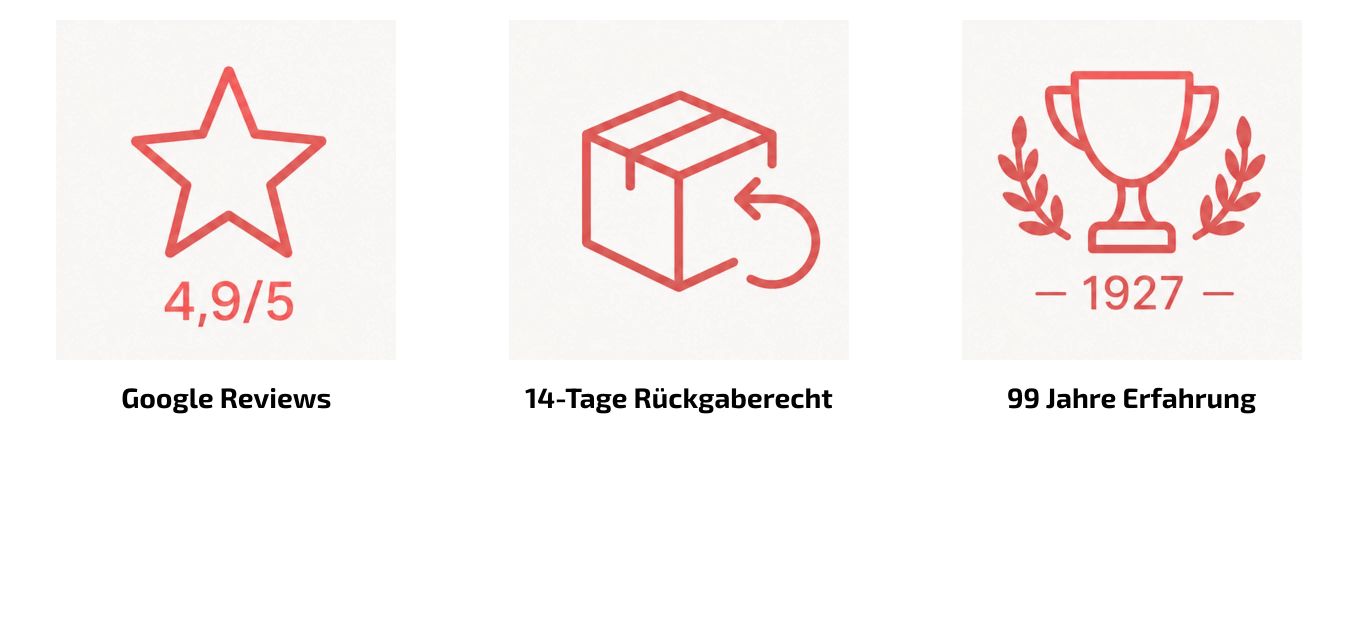 A clean, airy trust banner featuring warm red outline icons and concise credibility metrics.