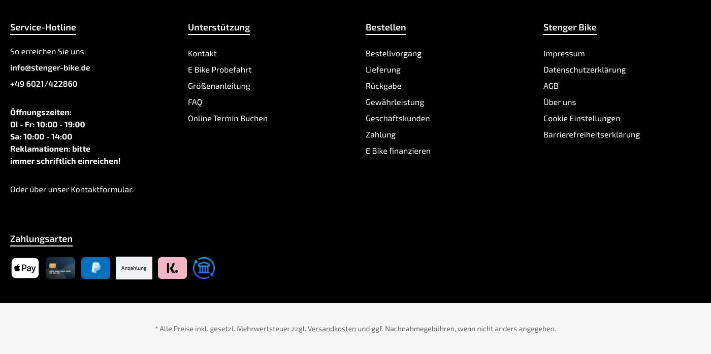 Functional dark e-commerce footer organized into clear multi-column links with payment provider badges below.