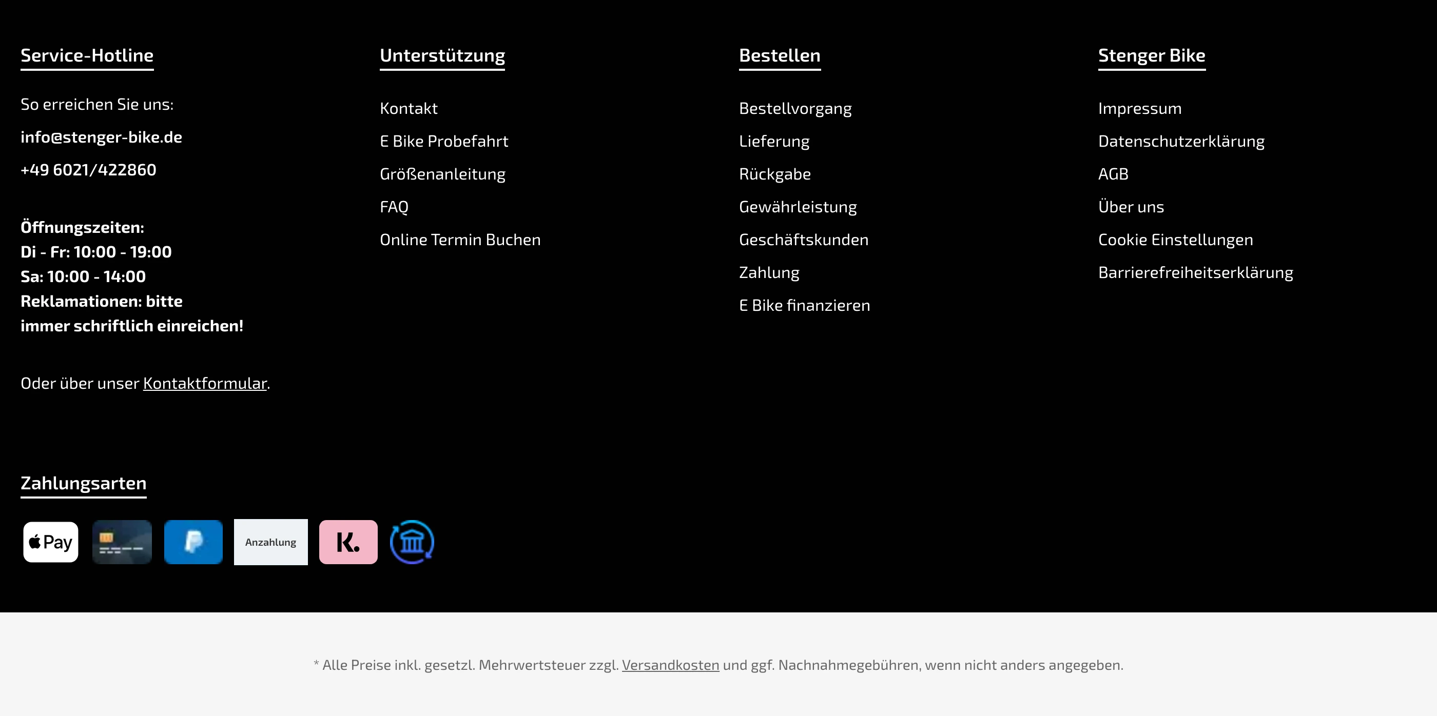 Functional dark e-commerce footer organized into clear multi-column links with payment provider badges below.