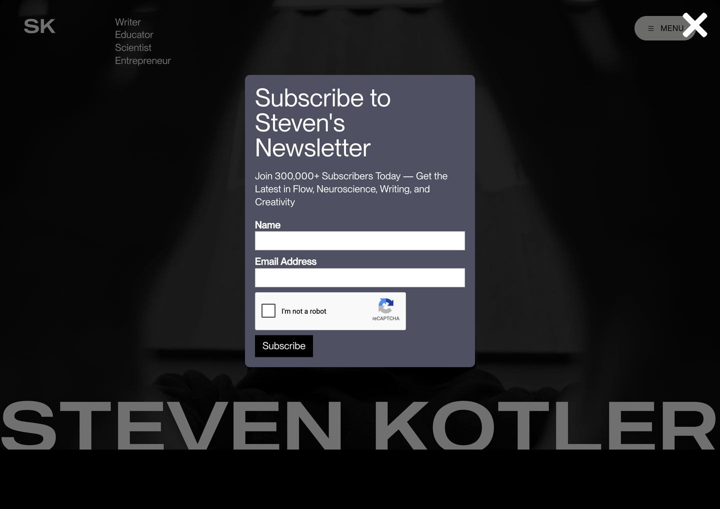 A focused newsletter modal overlay floating above a dramatic, dark personal brand hero backdrop.