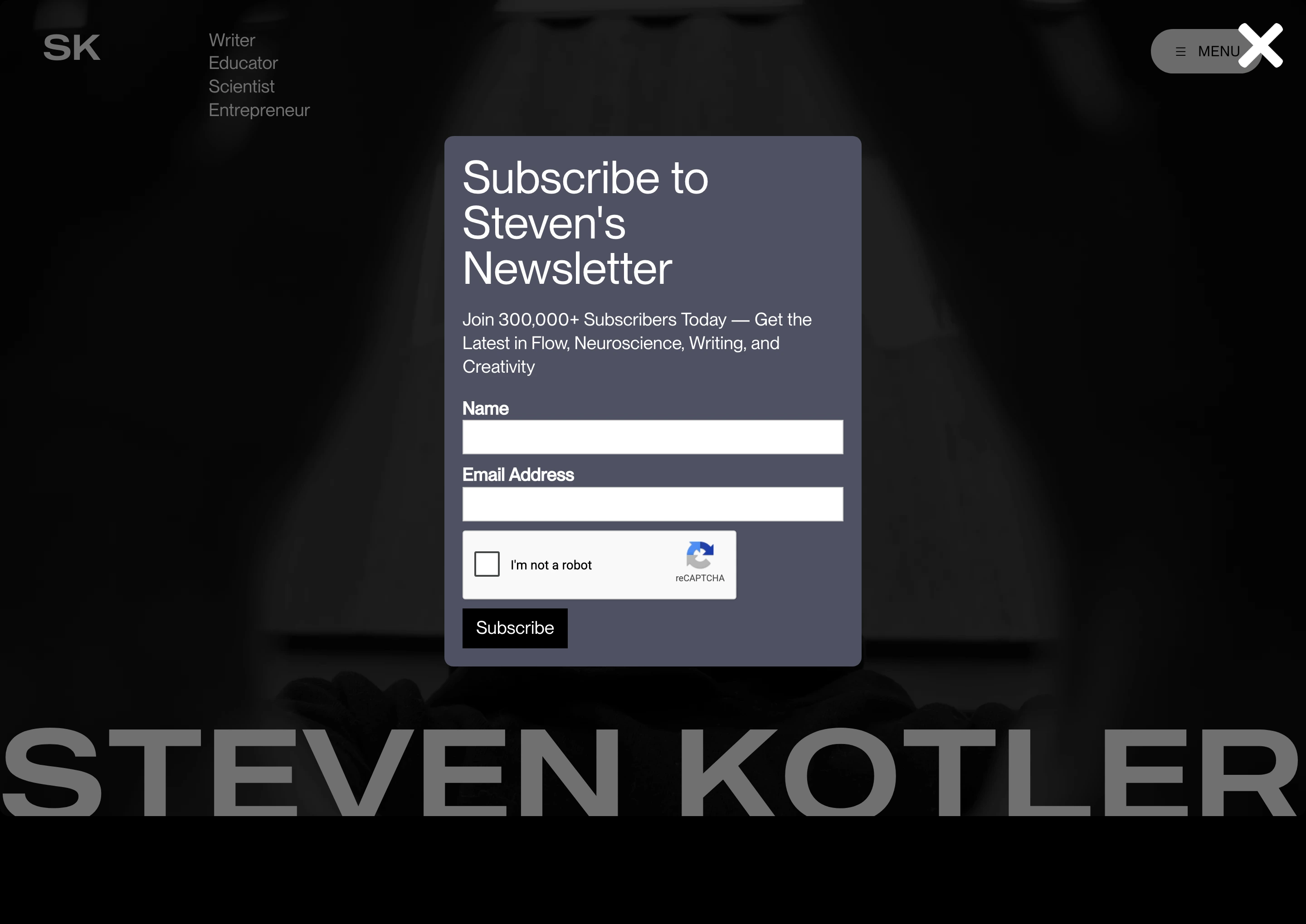 A focused newsletter modal overlay floating above a dramatic, dark personal brand hero backdrop.