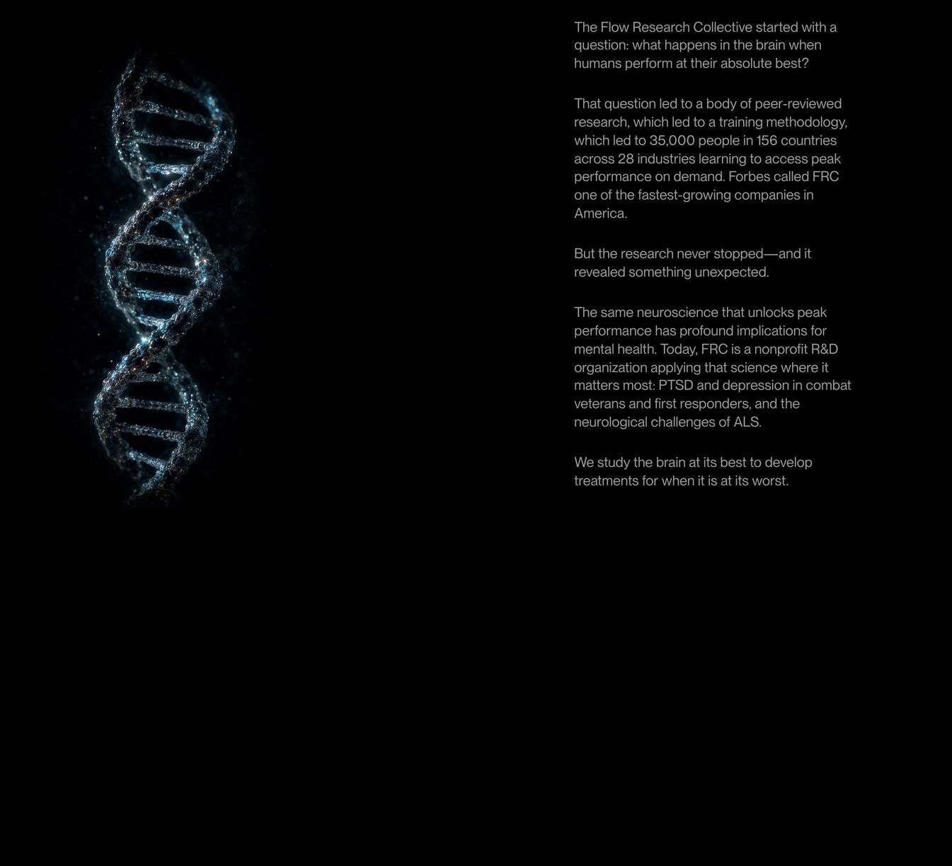 Pitch-black narrative section pairing a glittering 3D DNA helix with restrained, highly legible scientific copy.