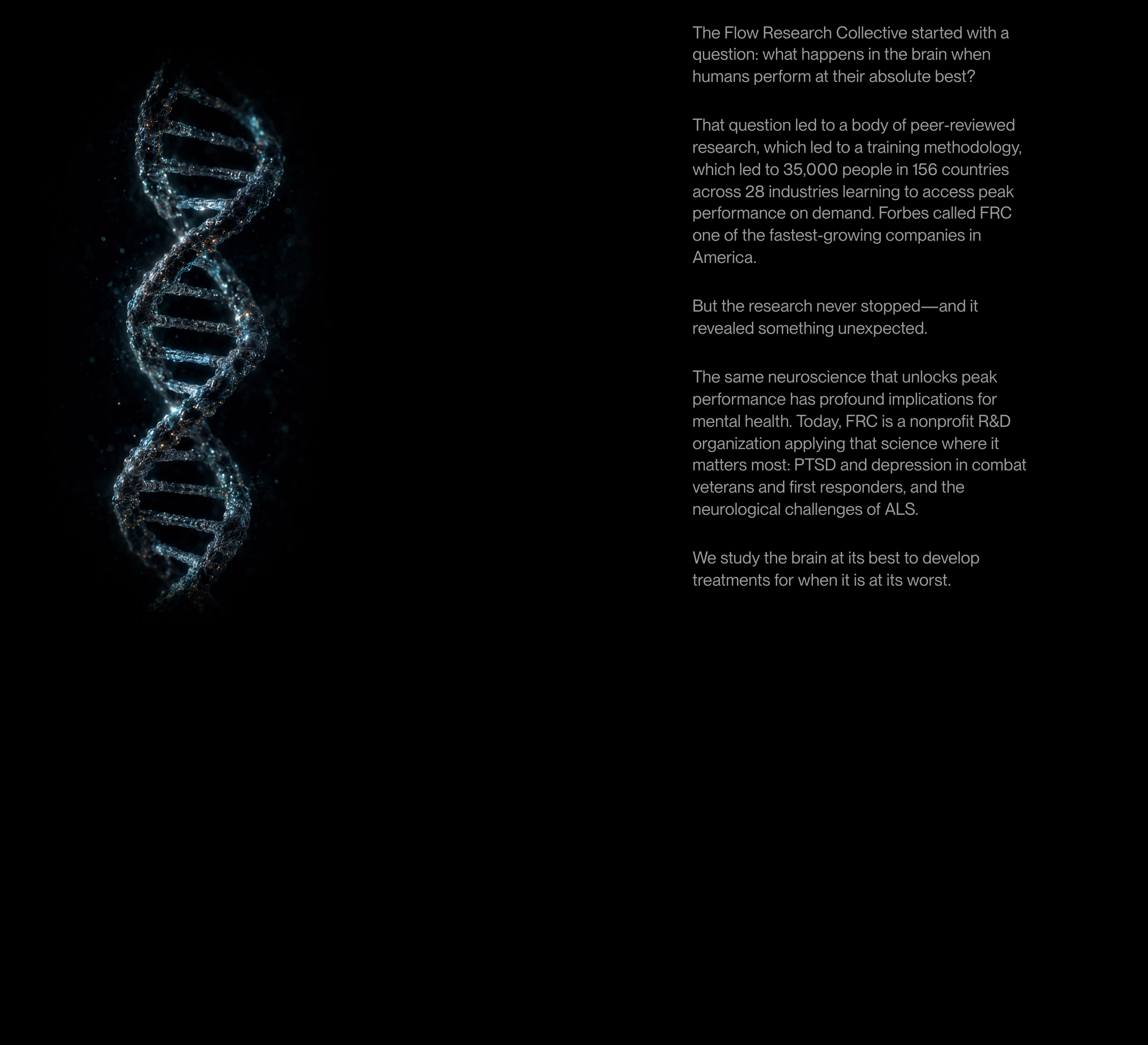 Pitch-black narrative section pairing a glittering 3D DNA helix with restrained, highly legible scientific copy.
