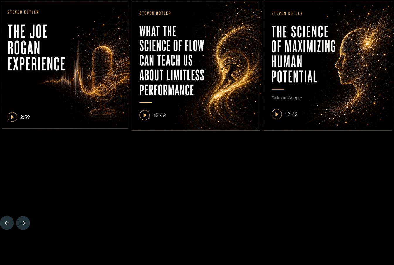 Glowing golden constellation artwork anchors a sleek, dark carousel of podcast episodes and keynote talks.