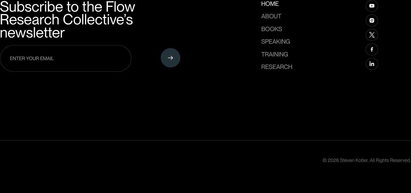 Stark, pitch-black minimalist footer anchored by crisp typography and an understated newsletter signup form.