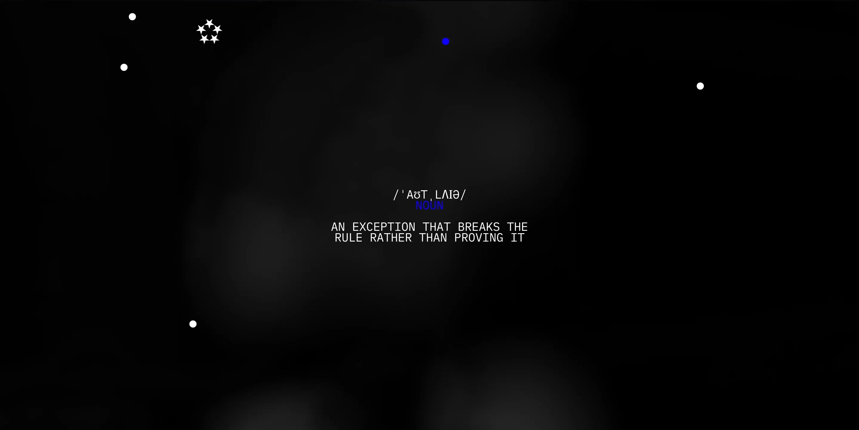 An enigmatic, pitch-black space suspended with sparse glowing celestial points framing a cryptic phonetic definition.
