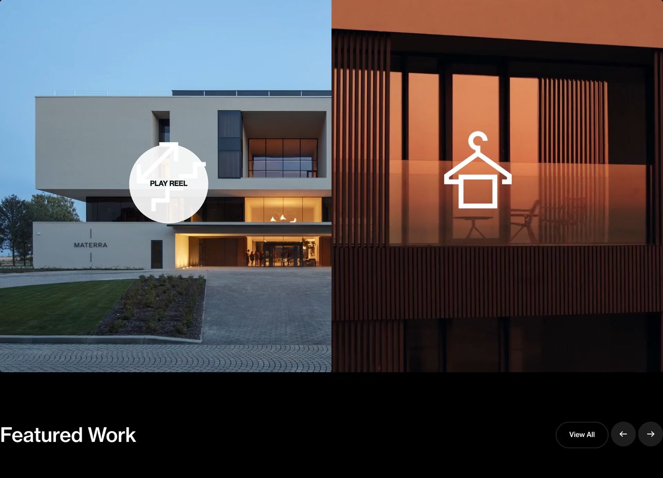 Dark, cinematic architectural showcase balancing crisp split photography with clean grotesque typography and minimalist circular navigation controls.