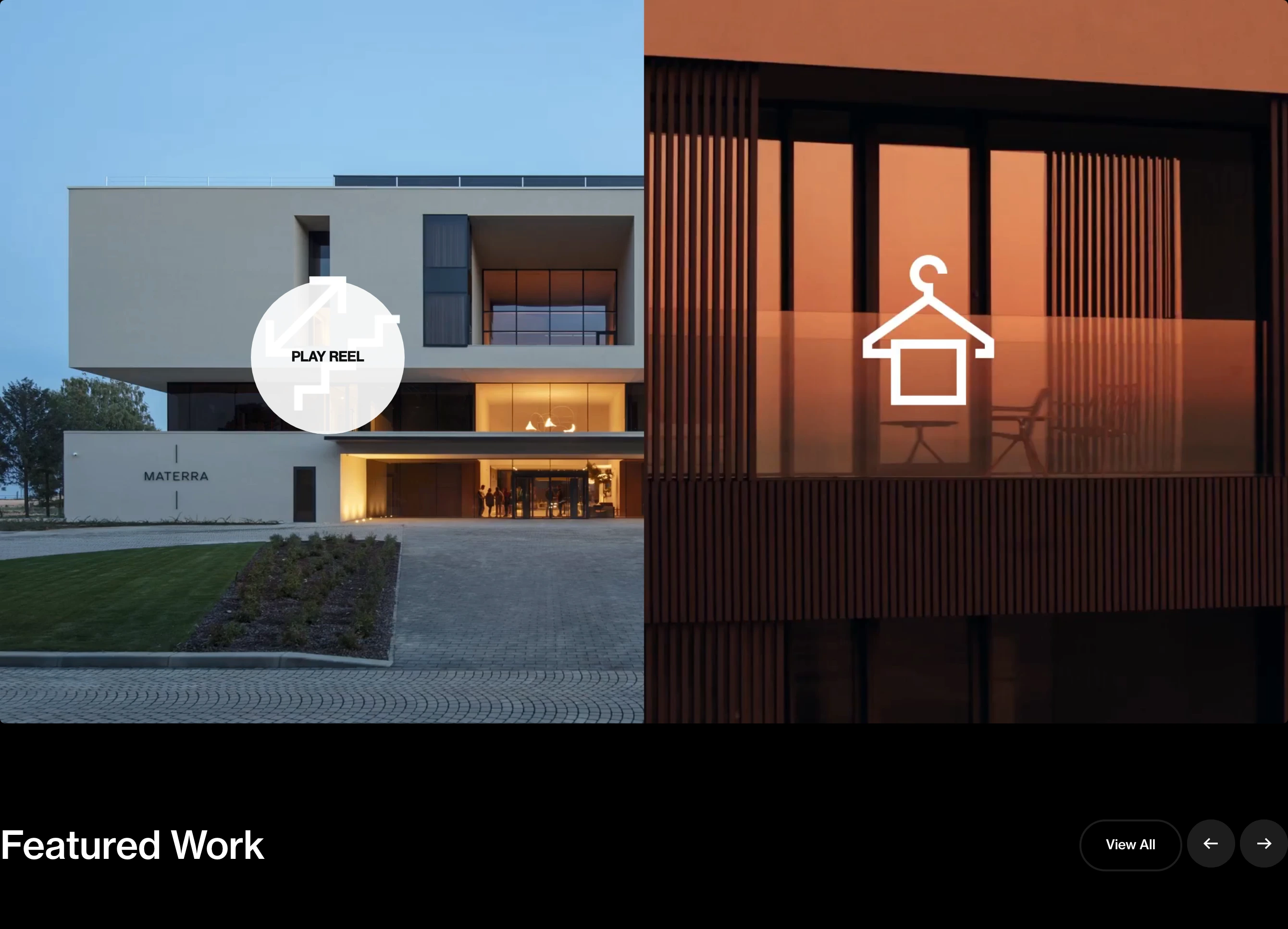 Dark, cinematic architectural showcase balancing crisp split photography with clean grotesque typography and minimalist circular navigation controls.