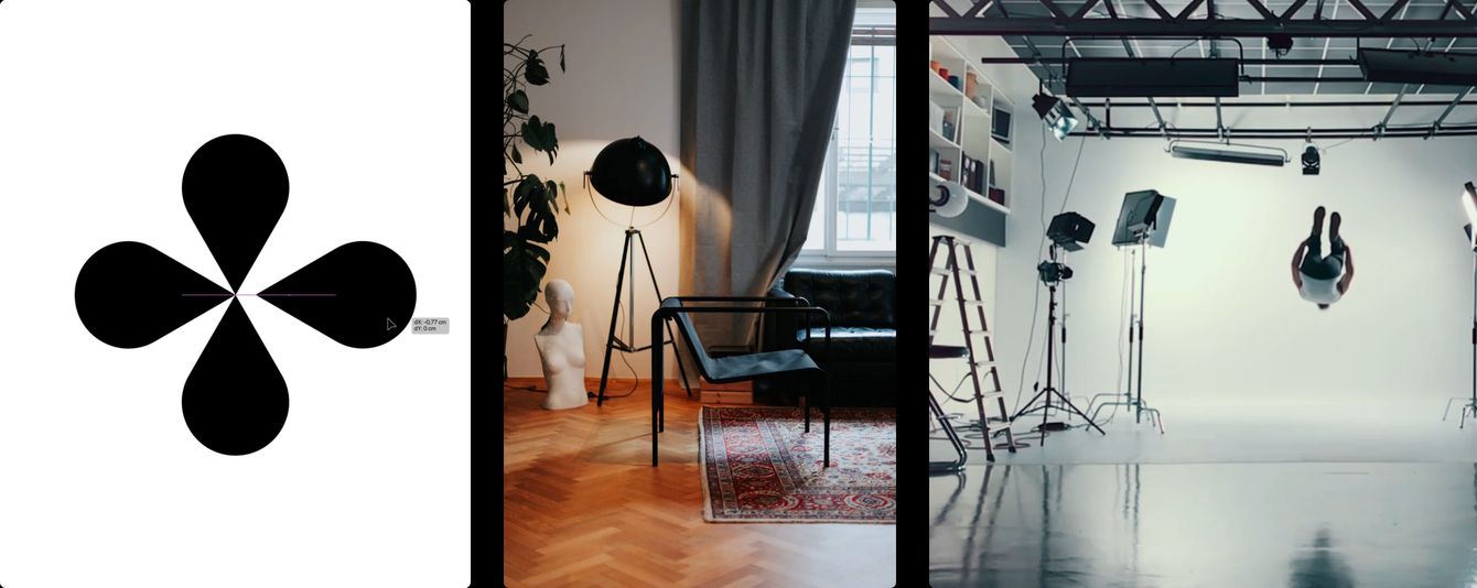 A quiet editorial showcase featuring tall rounded media cards displaying studio photography, interiors, and graphic art against dark framing.