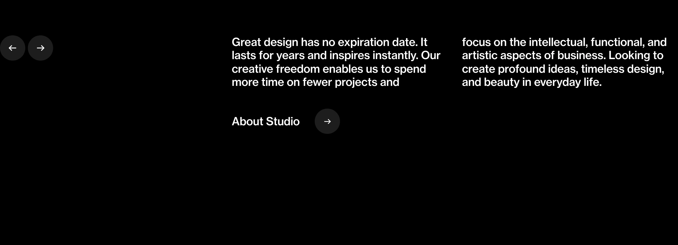 A pitch-black typographic statement layout with clean modernist columns and subtle circular directional buttons.