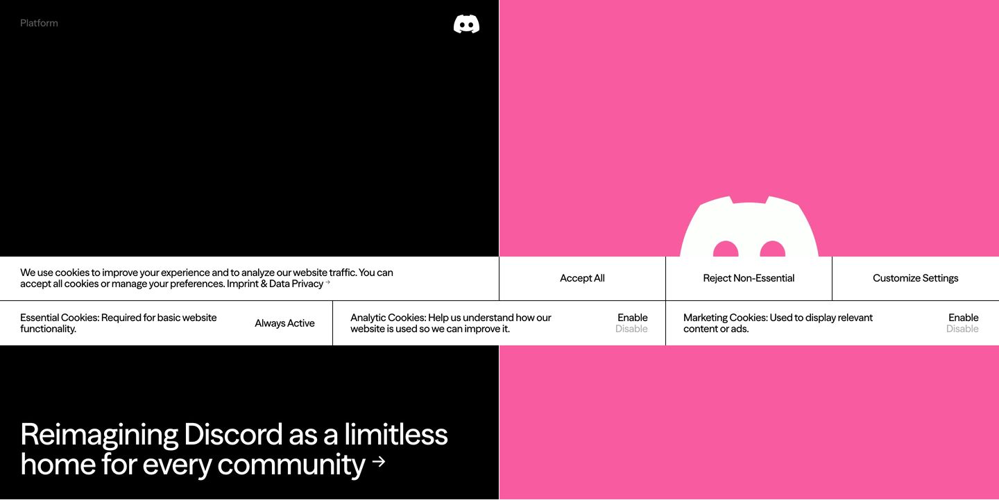 High-contrast split layout contrasting deep black and saturated magenta with a structured grid overlay.