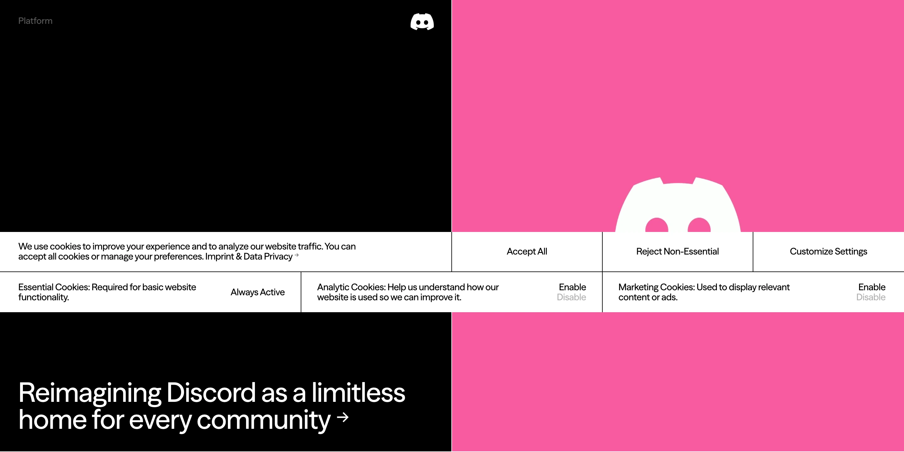 High-contrast split layout contrasting deep black and saturated magenta with a structured grid overlay.