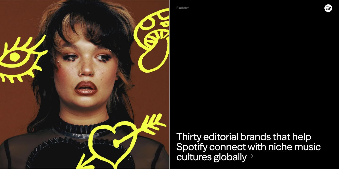 A stark split-screen editorial showcase pairing an expressive doodle-annotated portrait with minimalist typography against deep black negative space.