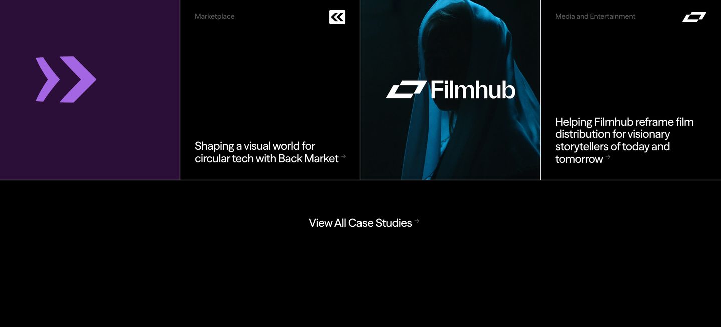 A quiet, dark-mode case study grid separated by sharp hair-thin lines and subtle photography.