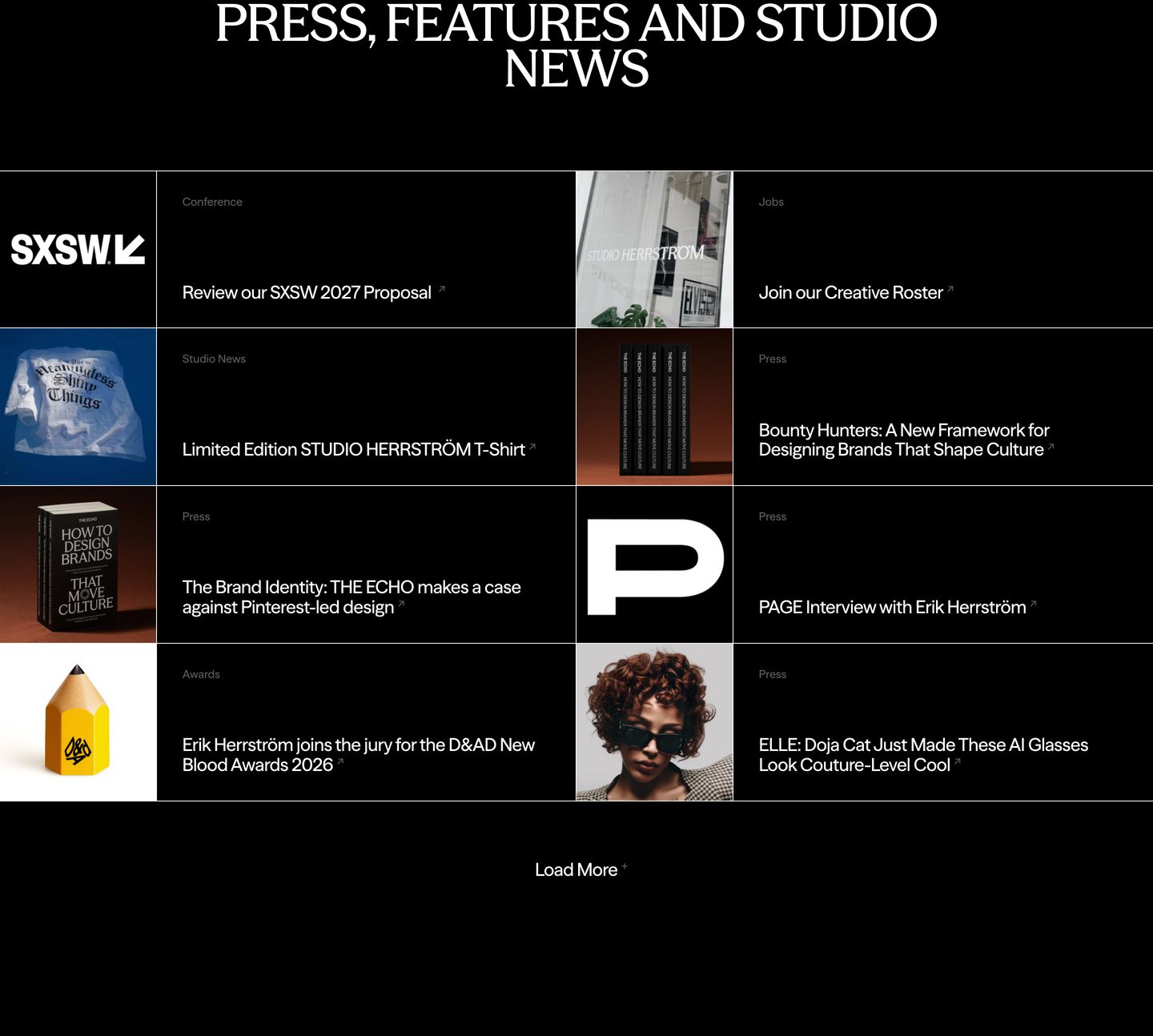 A disciplined, dark editorial news grid alternating square imagery and metadata across a strict Swiss-inspired table layout.