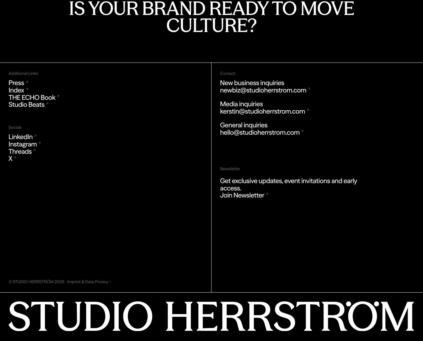 A stark black editorial footer framed by crisp structural grid lines, large question typography, and an oversized bottom wordmark.