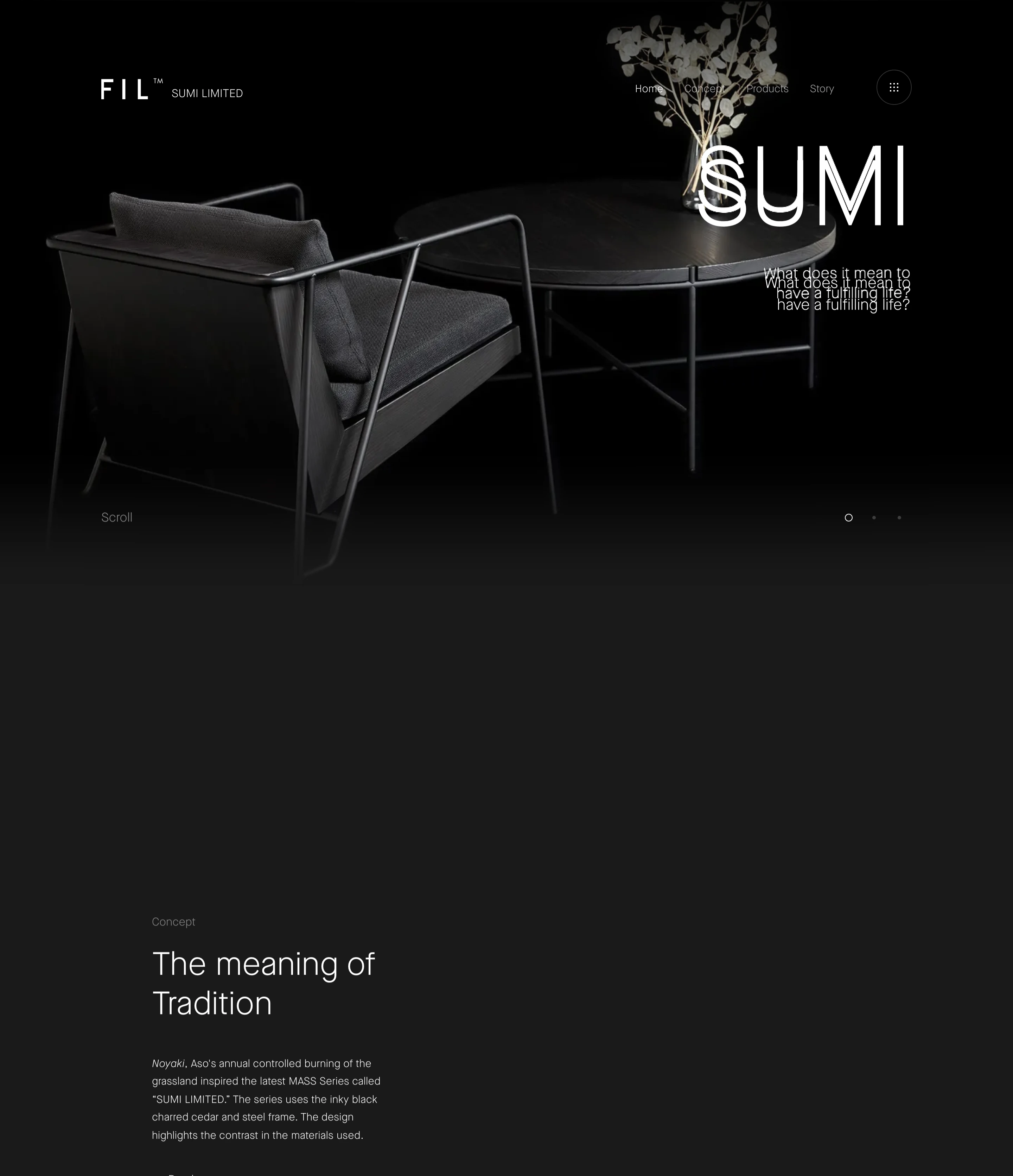 Pitch black, meditative luxury furniture showcase pairing stark studio chiaroscuro photography with layered typographic echoes.