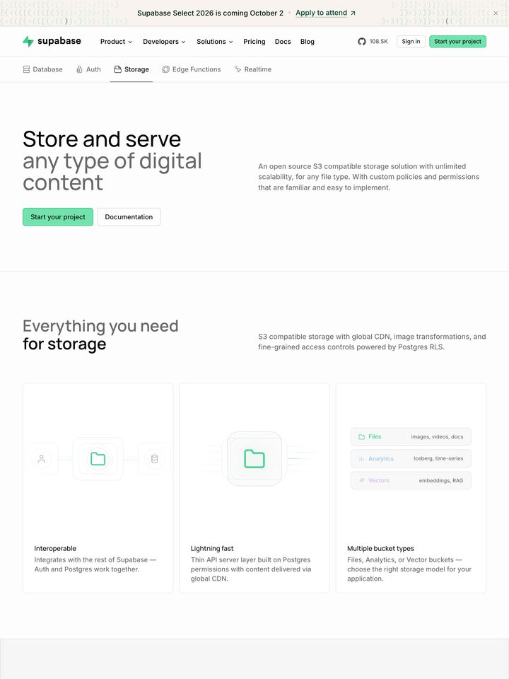 Supabase Storage homepage