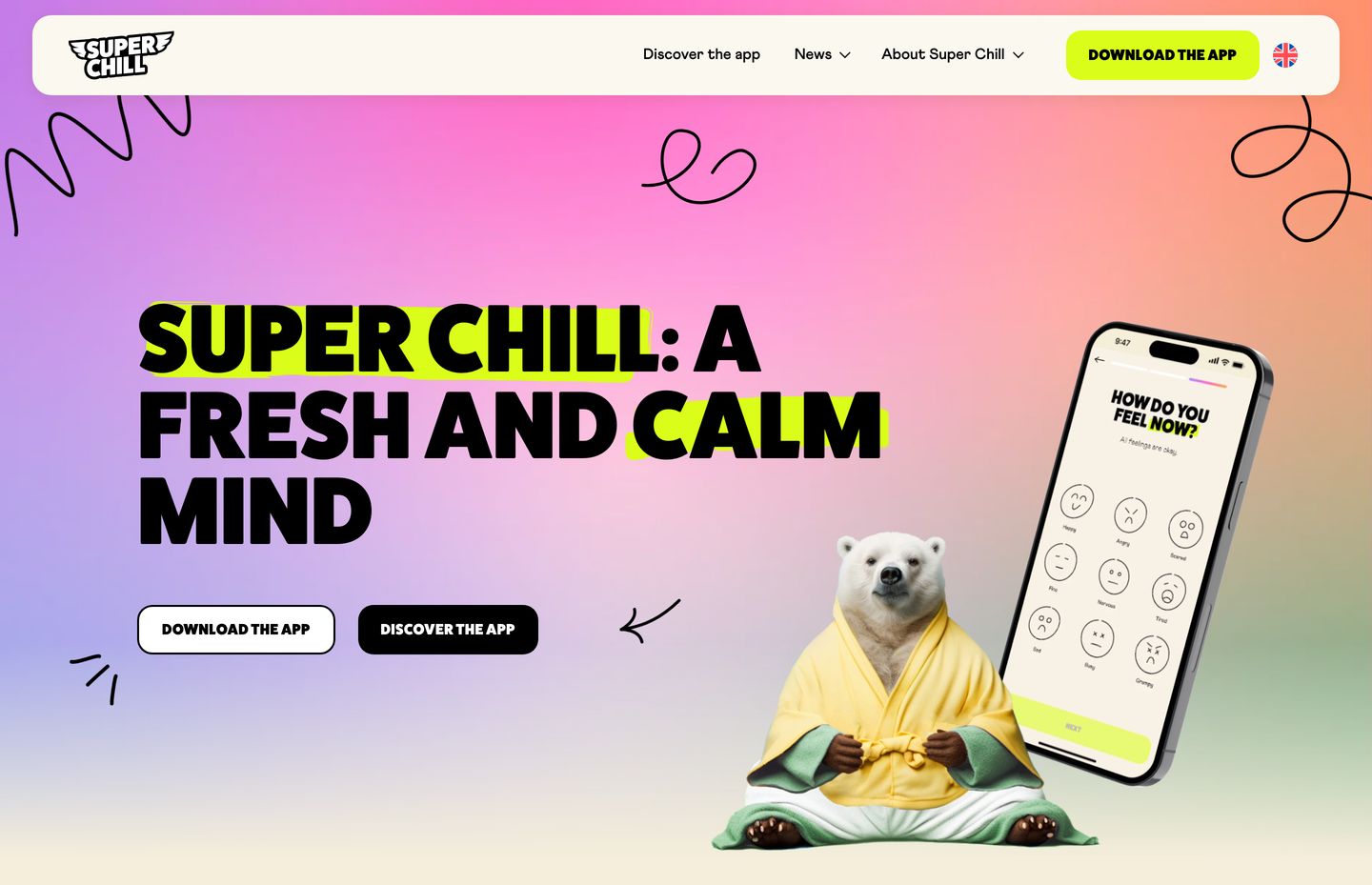 A vibrant, playful hero pairing bold chunky typography and pastel neon gradients with a meditating polar bear mascot.