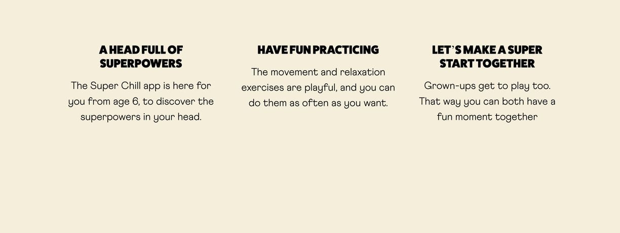 Warm and approachable three-column feature section with chunky uppercase headlines set against a soft cream background.