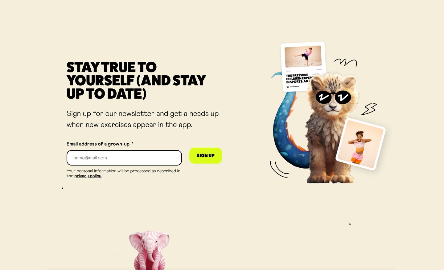 A cheerful newsletter signup section pairing chunky uppercase type and a neon accent button with a whimsical 3D creature and floating cards.